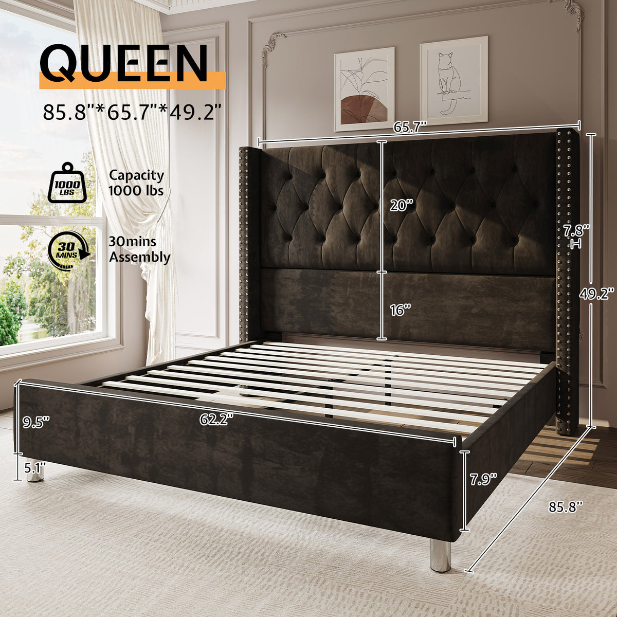 LUXOAK Modern Luxury 50" Wingback Bed Frame with Plush Beige/White Velvet Upholstery - Queen/King Size Platform Bed, Button Tufted Headboard & Nailhead Trim, Sturdy Frame, No Box Spring Needed, Easy Assembly (30-Min Setup)