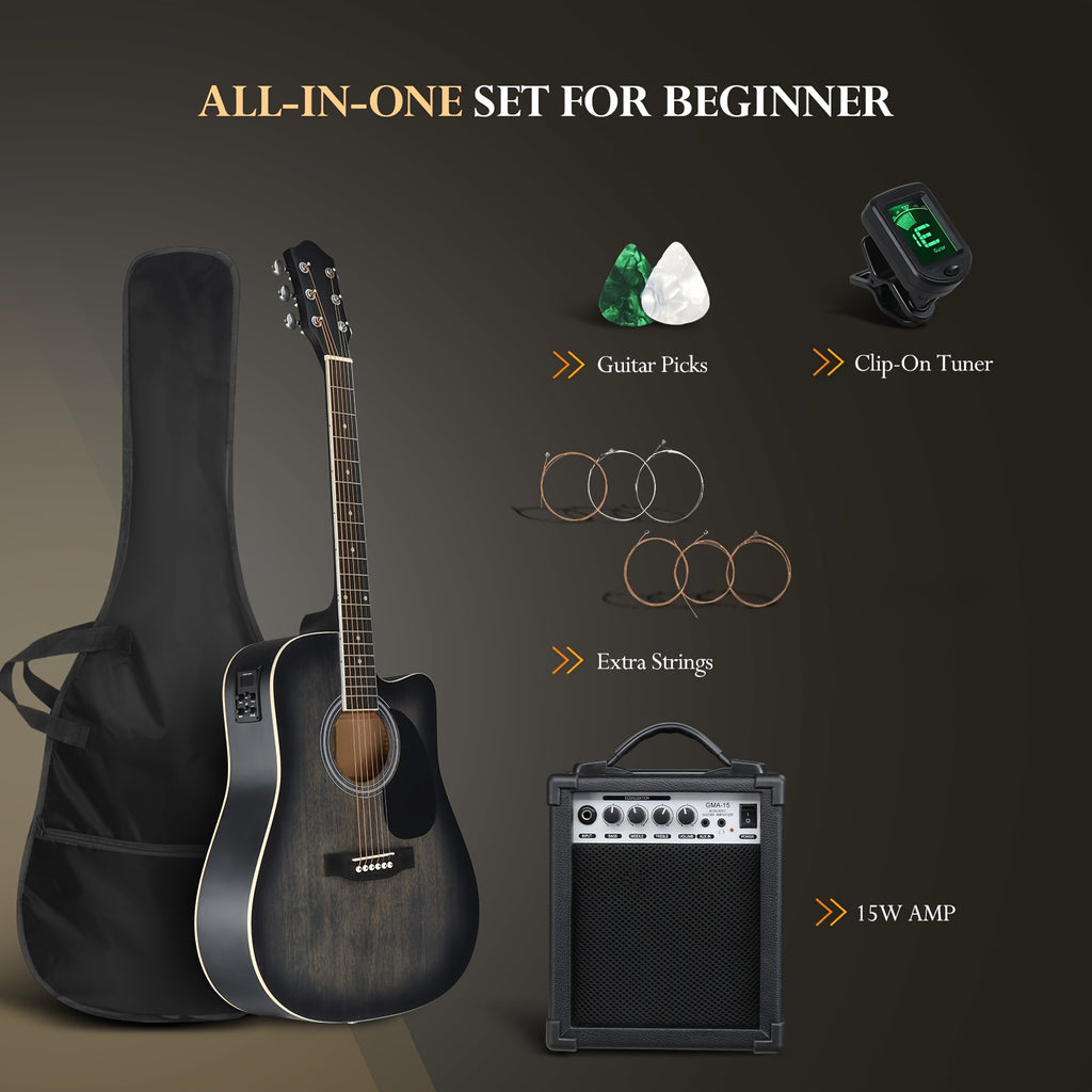 Bonnlo Electric Acoustic Guitar Kit, Full Size Acoustic Folk Guitar, 6-String, Cutaway Design, with AMP, Built-In Tuner, Bag, Strap, Picks, Complete Additions, ALL-IN-ONE Set for Beginner, Birthday/Festival Gift for Music Lovers