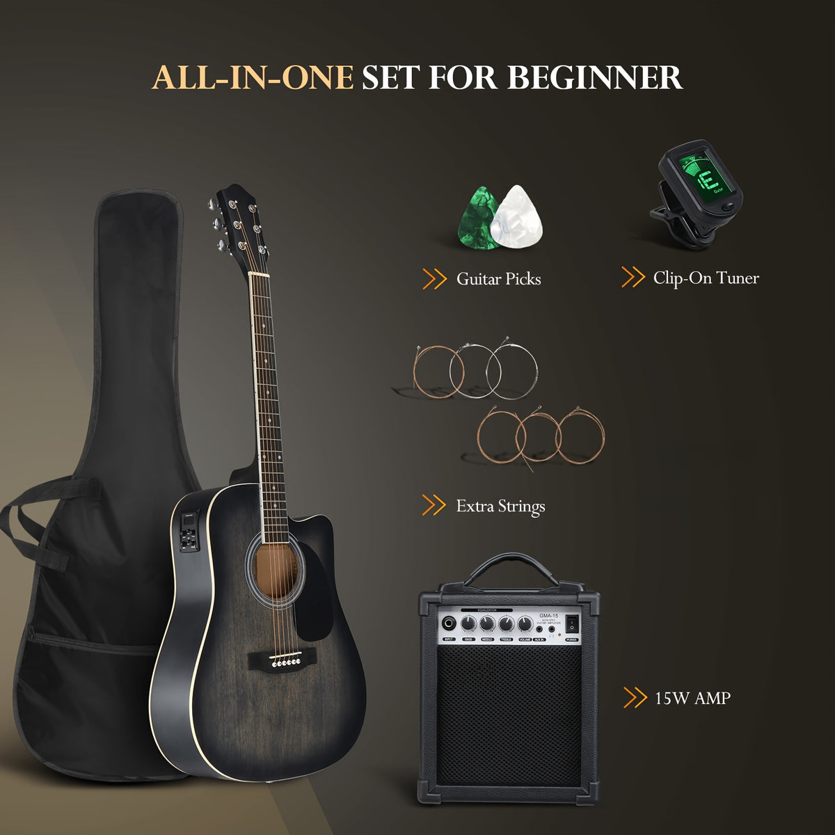 Bonnlo Electric Acoustic Guitar Kit, Full Size Acoustic Folk Guitar, 6-String, Cutaway Design, with AMP, Built-In Tuner, Bag, Strap, Picks, Complete Additions, ALL-IN-ONE Set for Beginner, Birthday/Festival Gift for Music Lovers