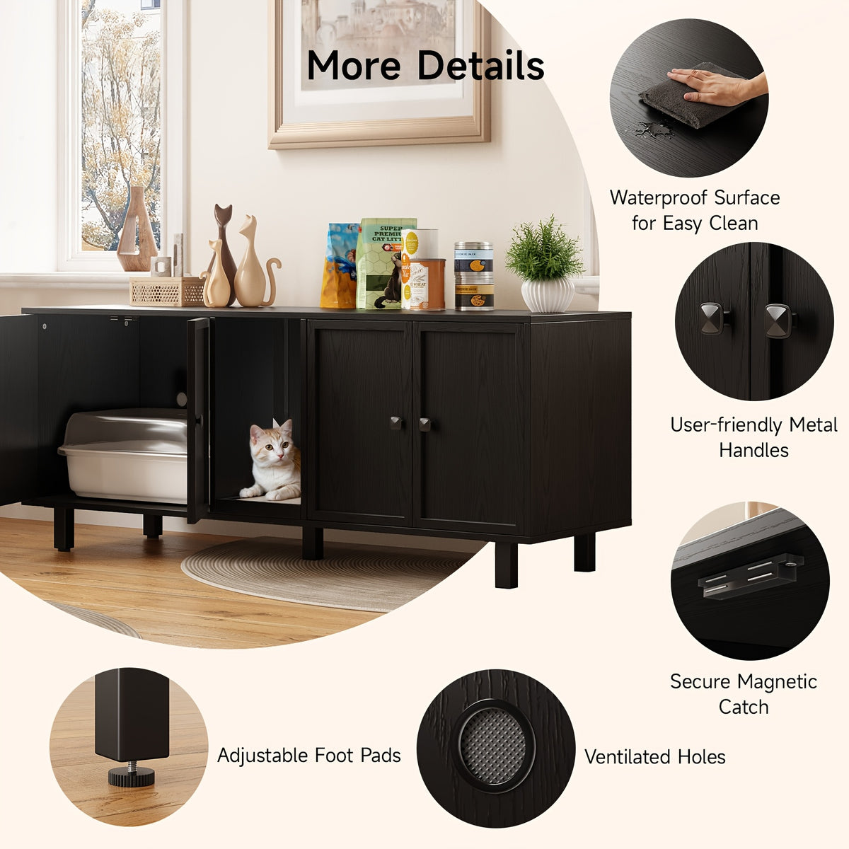 [Cat Litter Box Enclosure] 59 Inches Cat Litter Box Enclosure for 2 Cats, Hidden Litter Boxes Furniture with Cat Scratch Pad, Large Indoor Cat House with Double Room, Wooden TV Stand Side Table, Black
