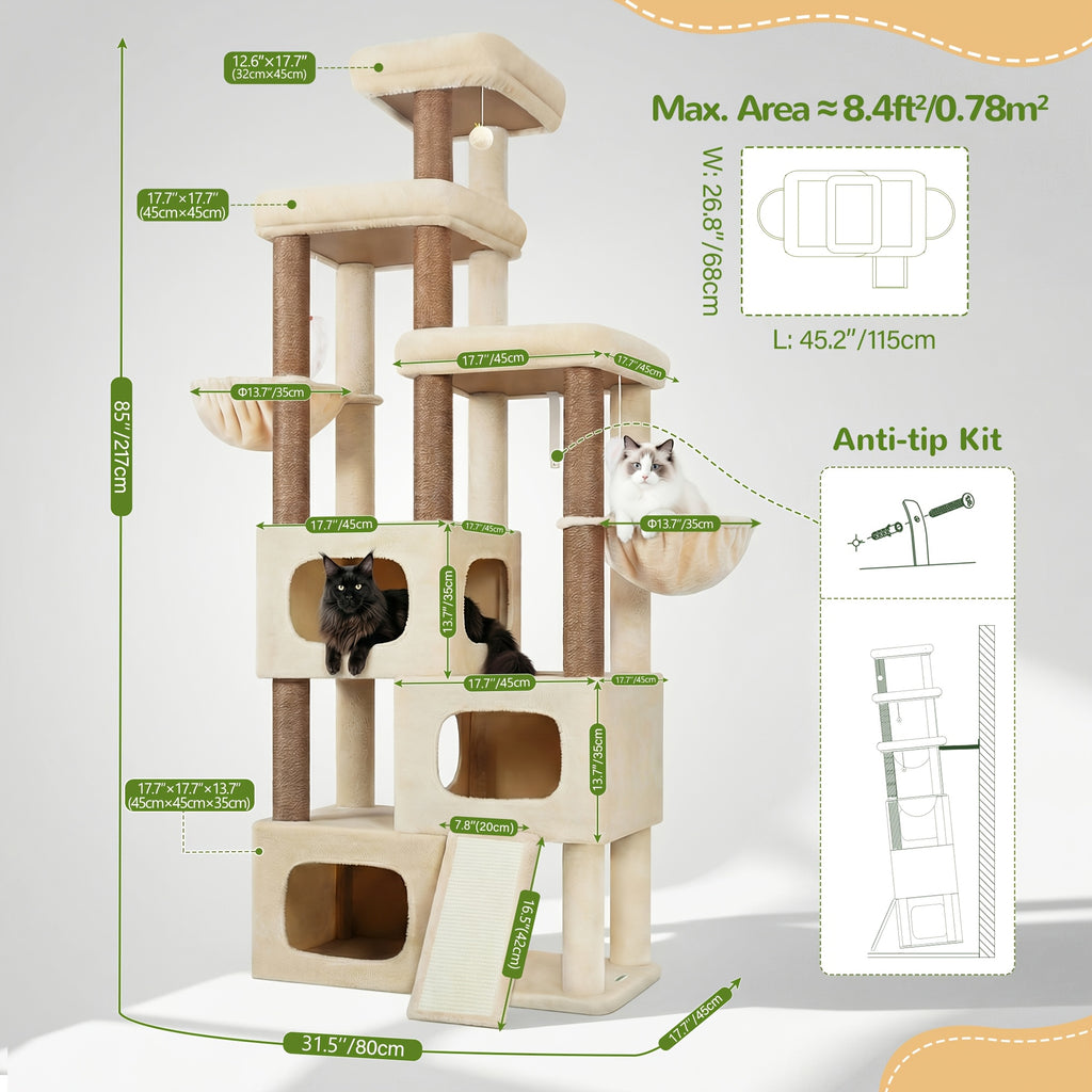 A Robust 85-Inch Cat Tree Designed for Larger Felines, Featuring a Spacious Condo, Sisal Scratching Post, Ramp, And Perch, Suitable for Cats Over 20 Lbs. Ideal for Homes with Multiple Cats, Including Maine Coons
