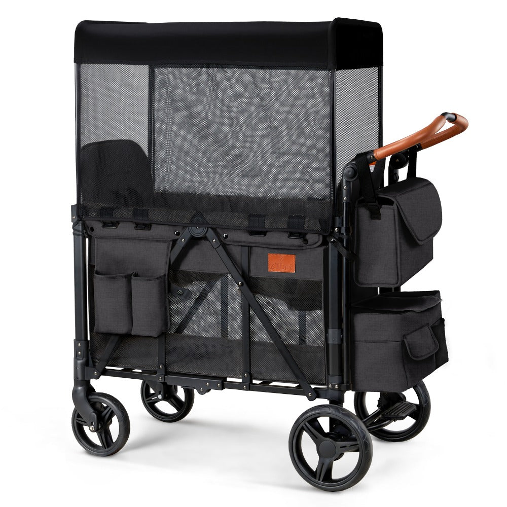 Joymor Foldable Wagon Stroller for 2 Kids, All-Terrain Stroller with Storage Bags And Safety Belts, Sport Stroller Wagon for Children, Shock-Absorbing Wheels And Removable Canopy, for Outdoor