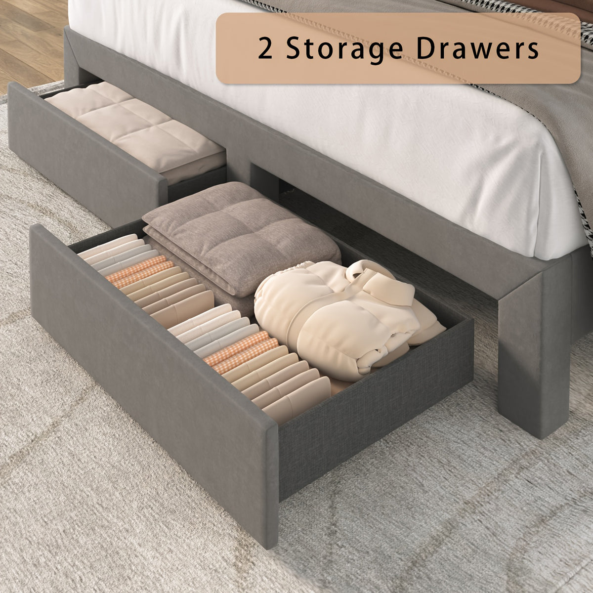Platform Bed Frame with LED Adjustable Headboard, Upholstered Bed Frame with Storage Drawers And Charging Station, Twin, Full, Queen, No Box Spring Needed, Noise Free