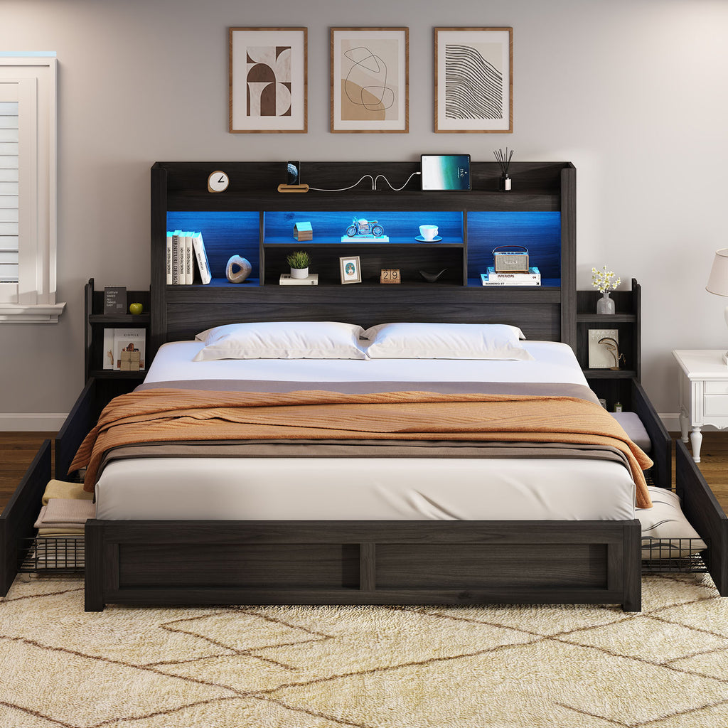 PAPABABE Bed Frame With 49.6 Inch Bookcase Headboard, 4 Drawers And 2 Detachable Storage Racks - Farmhouse Wood Bed Frame With RGB LED Lights And Charging Station, No Box Spring Needed