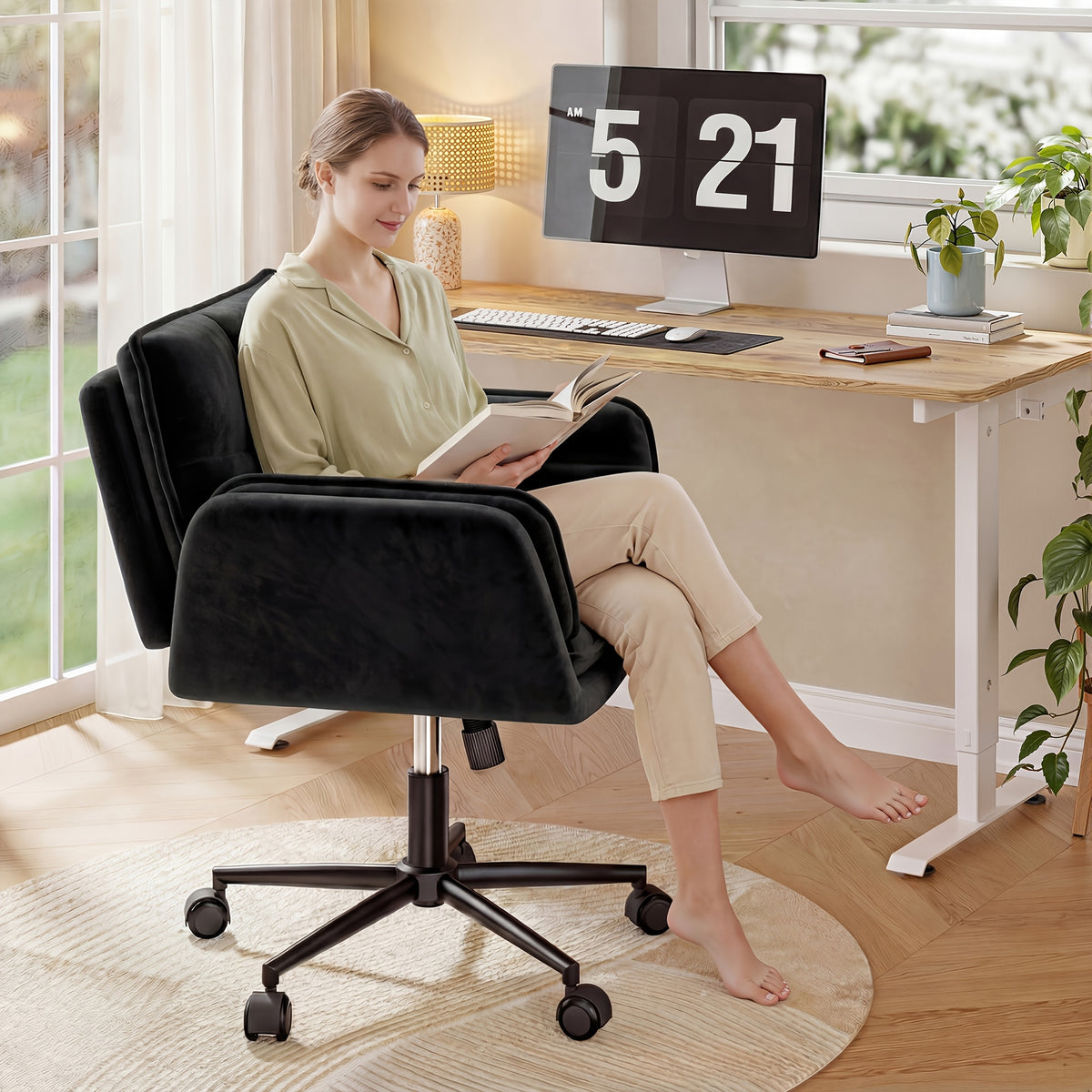 Office Criss Cross Chair with Wheels & Armrests, Comfy Wide Vanity Chair, Height Adjustable Computer Office Desk Chairs for Home, Makeup, Bedroom, Stable & Comfortable