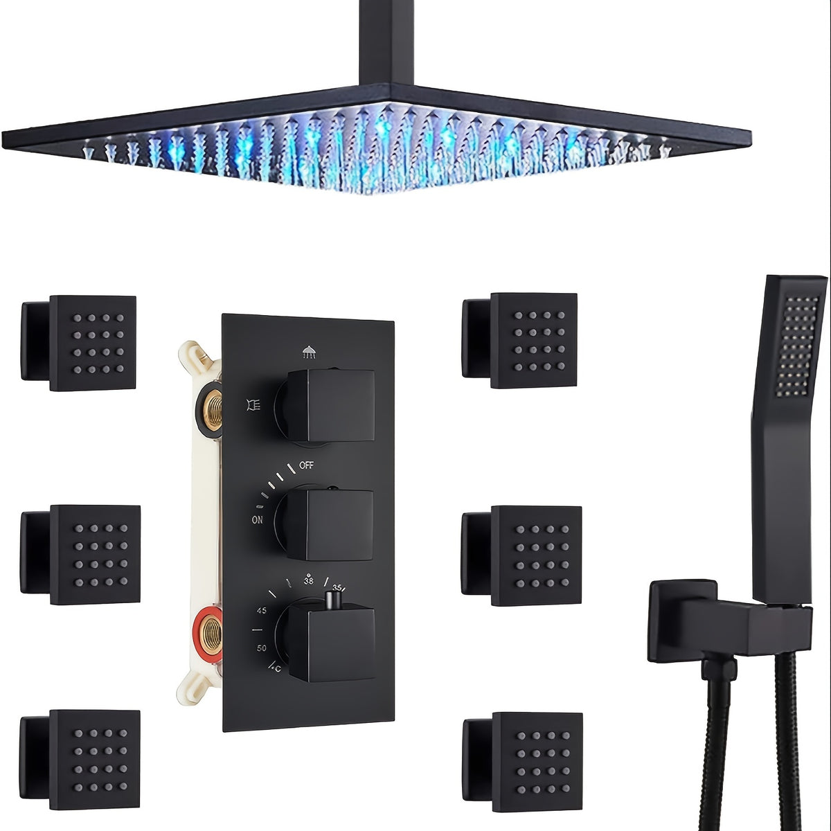 Modern Matte Black Thermostatic Shower System with LED Rainfall Head & Temperature Control - Wall-Mounted Stainless Square Faucet Combo, Massage Function for Bathing (Faucet and Shower Head) - Luxury Bath Suite