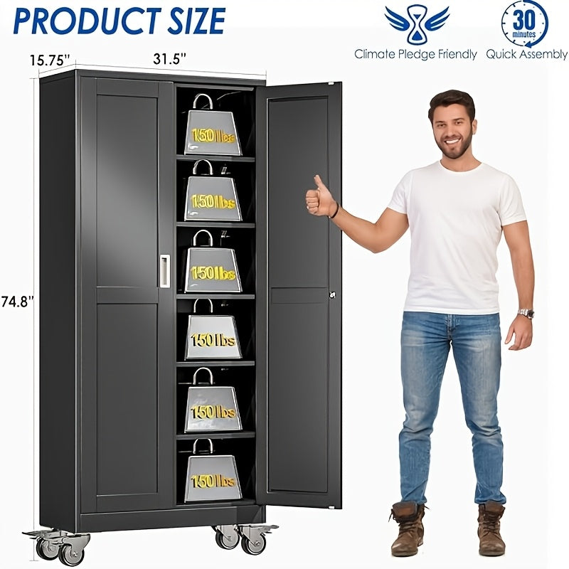 61/71/75 Inch High Wheeled Metal Storage Cabinet with 2 Doors And Adjustable Partitions, Metal Filing Cabinet, Suitable for Home Offices, Kitchens, Warehouses, And Garages