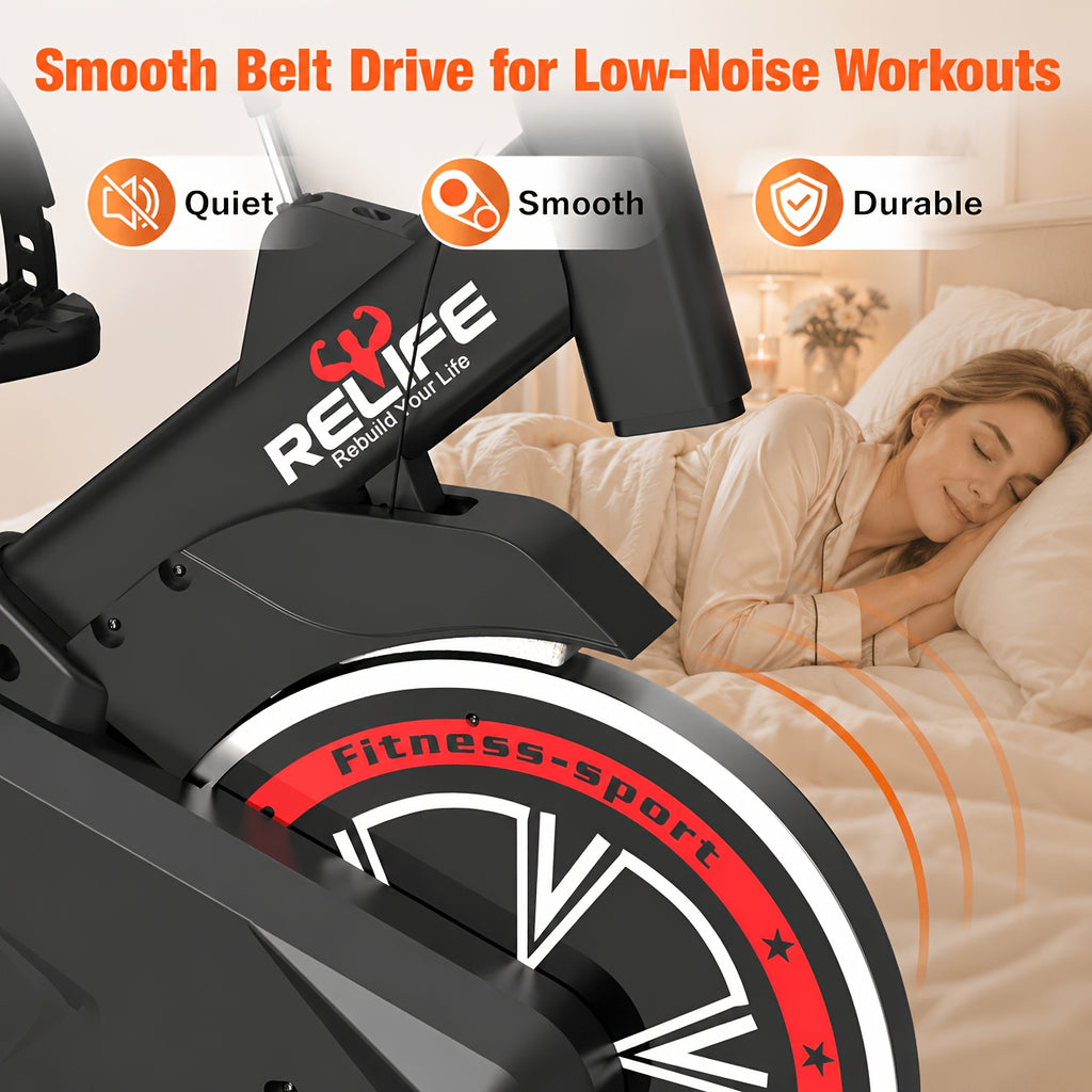 RELIFE Exercise Bike, Magnetic Indoor Cycling Bike, Ultra-Quiet Resistance, Tablet Mount & Ergonomic Seat Cushion, Home Gym Stationary Cycle for Cardio for All User, Indoor Bike/Brake Pad Stationary Bike, for Family, with Comfortable Saddle