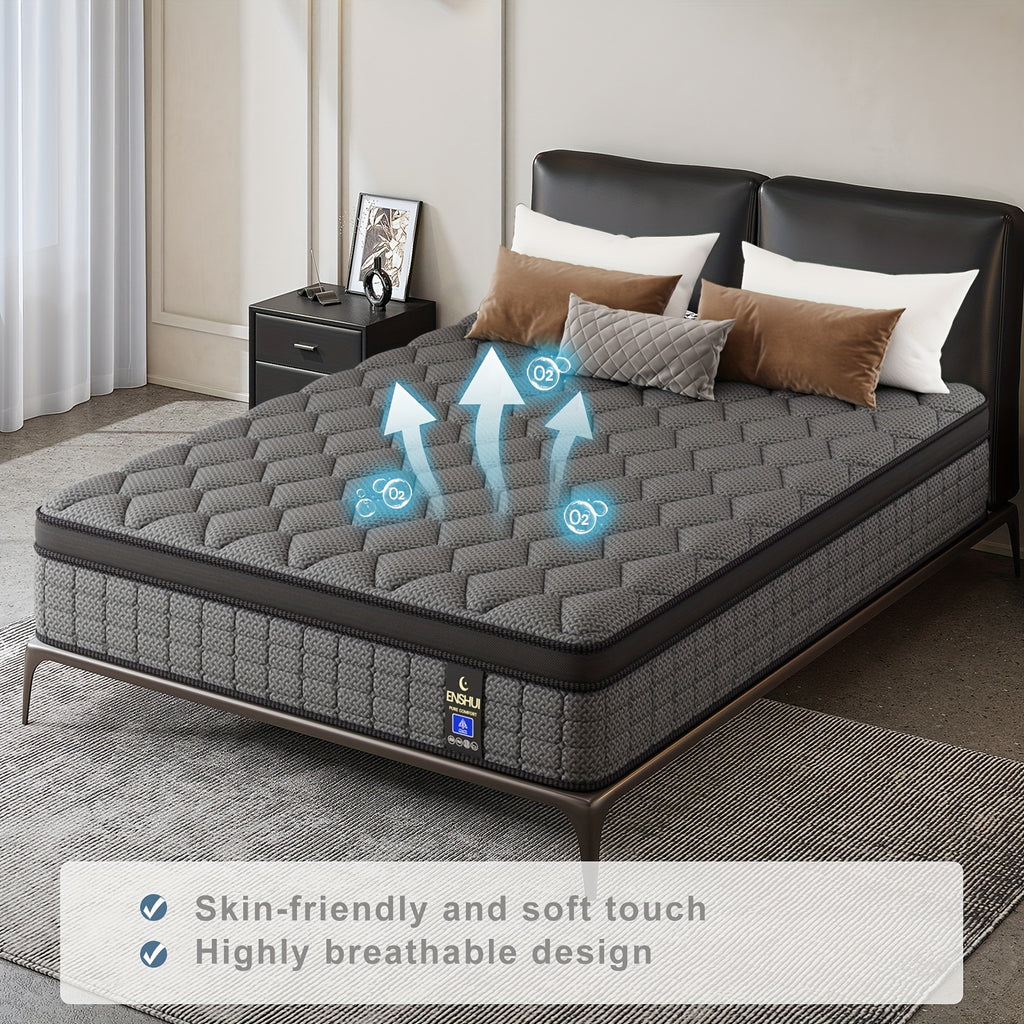 ENSHUI 12 Inch Hybrid Mattress - Twin/Full/Queen/King Size, Cooling & Pressure-Relieving Gel Memory Foam, Hypoallergenic, Medium Top, No Power Needed, White & Blue Mattress in Box, Bedroom Furniture, Sleek Bedroom Decor, Pocketed Coil Construction