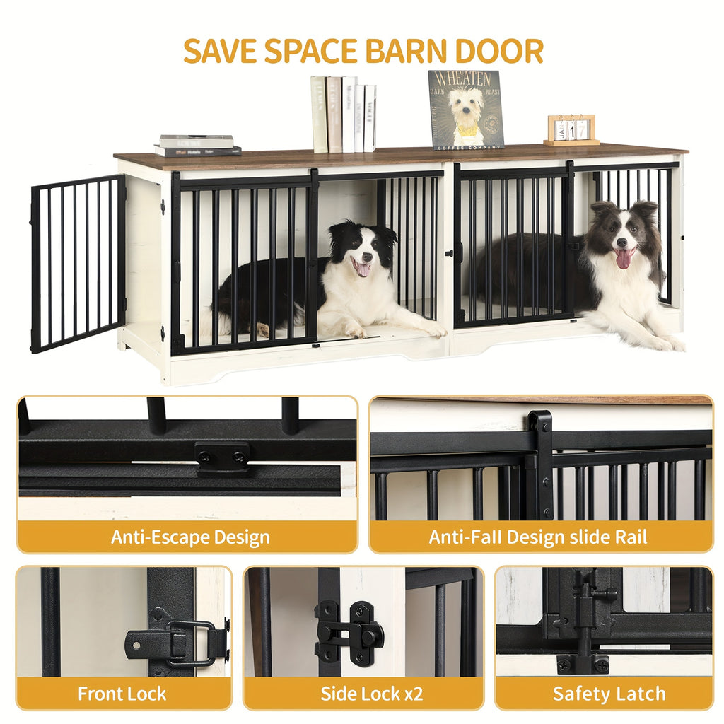 78" Dog Crate Furniture with Divider, Dog Crate Barn Door, Dog Kennel Indoor, Wood Dog Crate for 2 Dogs Small/Medium/Large Dog, End Side Table, Anti-Chew Anti-Escape
