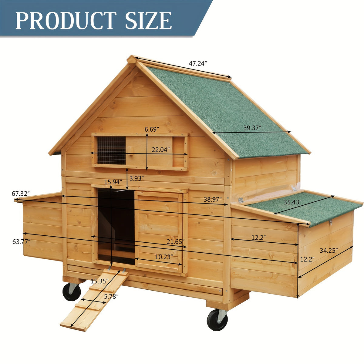 Large Chicken Coop with Wheels, Waterproof Outdoor Hen House for 6-8 Chickens, Movable Chicken House with Two Nesting Boxes, Removable Tray, PVC Cover, Wooden Duck Coop Rabbit Hutch