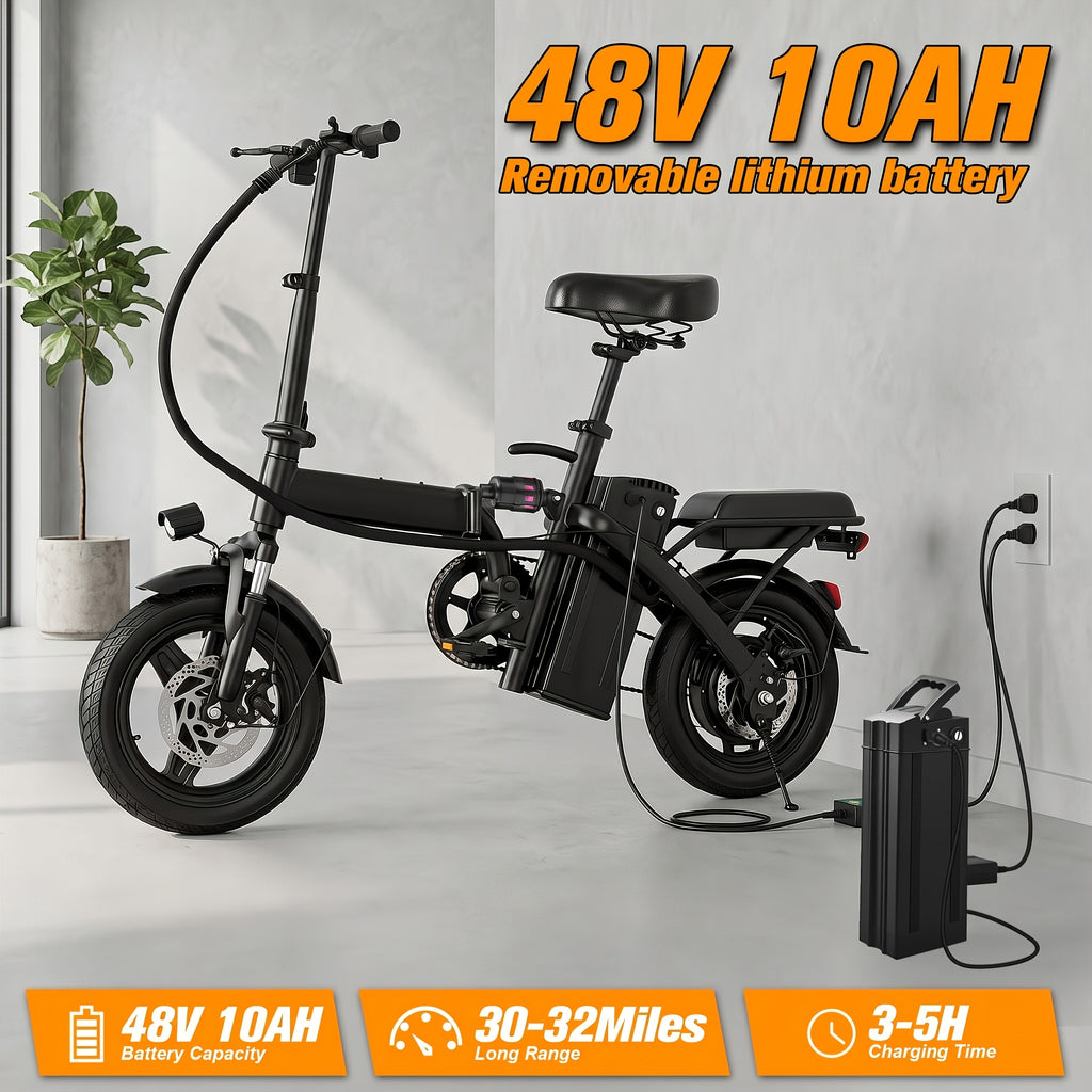 Adult And Adolescent Electric Bicycles, 560 Watt Motor, 10-24MPH, Range of 30-32 Miles, 48 Volt 10 Ampere Hour Battery, 3-Speed Assisted Riding, 14 Inch Foldable Electric Bicycle, Women'S Foldable Electric Bicycle
