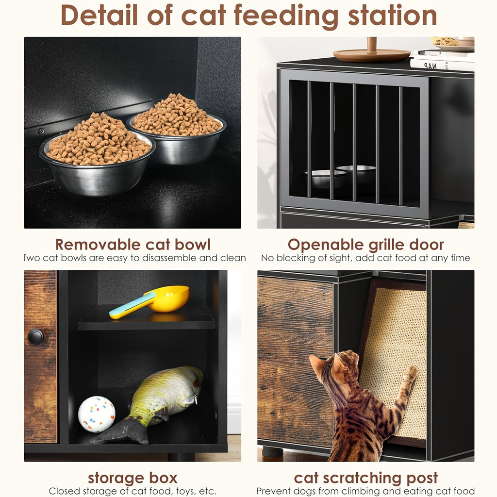 Dog-Proof Wood Cat Feeding Station with Lockable Storage And 2 Removable Stainless Steel Bowls - Anti-Spill Cat Condo with Scratching Board for Indoor Multi-Pet Homes