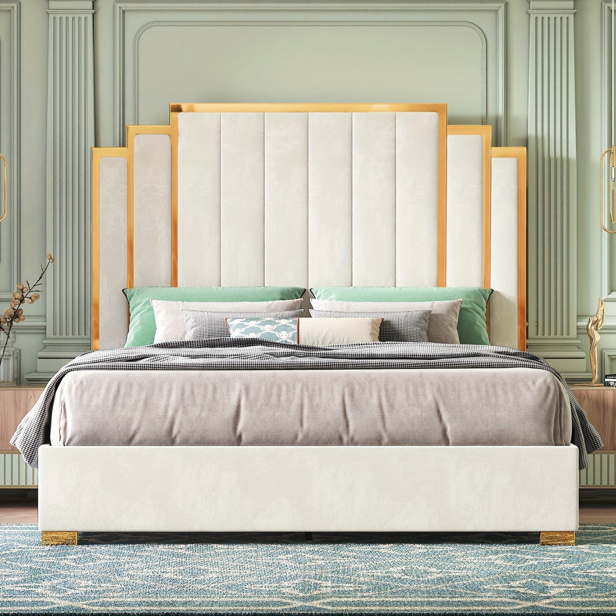 Velvet Upholstered Platform Bed Frame, Available in 61.4" Or 65" Sizes, Featuring a Gold-Trimmed Headboard And Wooden Slats, No Box Spring Required.
