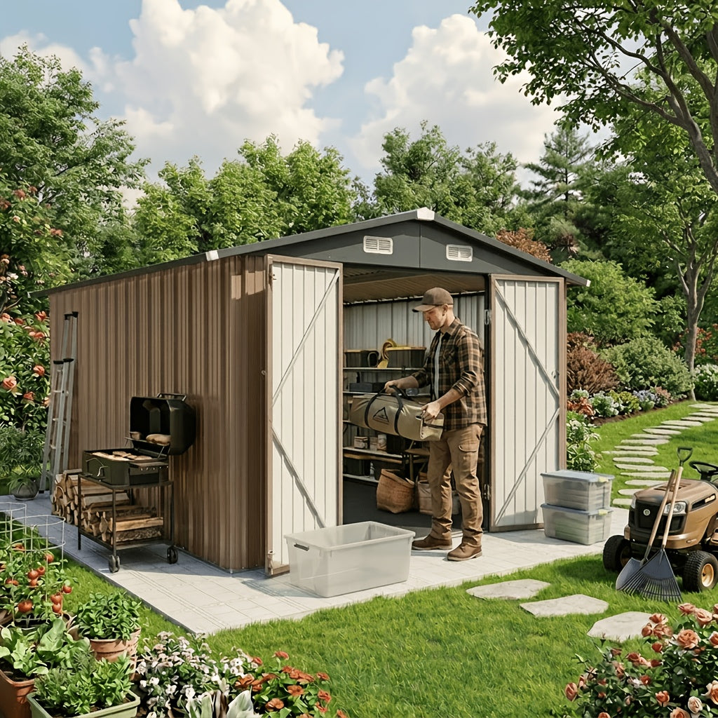 [Multi-Size Outdoor Shed] 6x4/8x6/10x8/10x12ft Multi-Size Outdoor Storage Shed, Standard & Floor-Equipped 2 Options, Gable Roof Ventilated Metal Utility Shed for Backyard Lawn