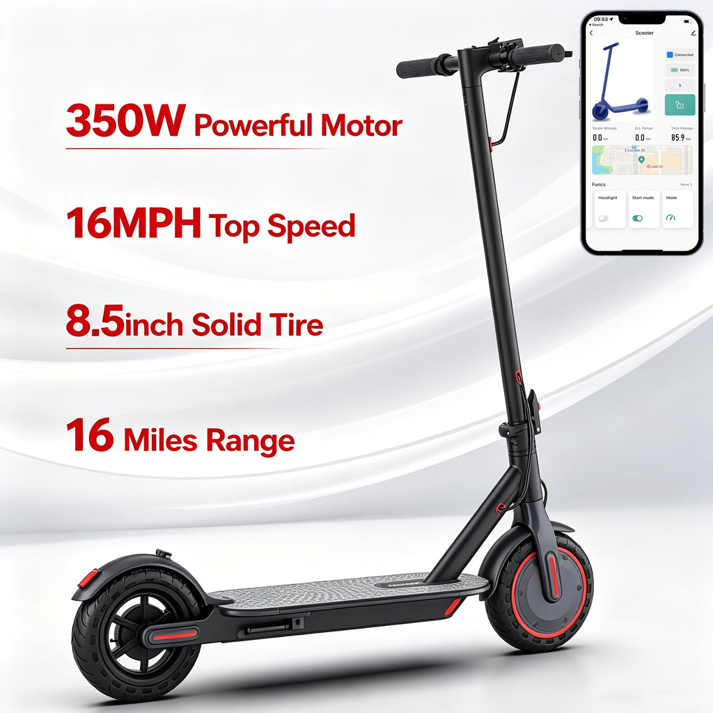 Smart APP Controlled Adult Foldable E-Scooter, 350W Motor, Long Range, 8.5" Anti-Slip Solid Tires, Clear LCD Dashboard, 3 Speed Settings, Dual Brakes, LED Front & Rear Lights, Built-in Bell, Durable Aluminum Alloy Frame, 265 LBS Weight Capacity