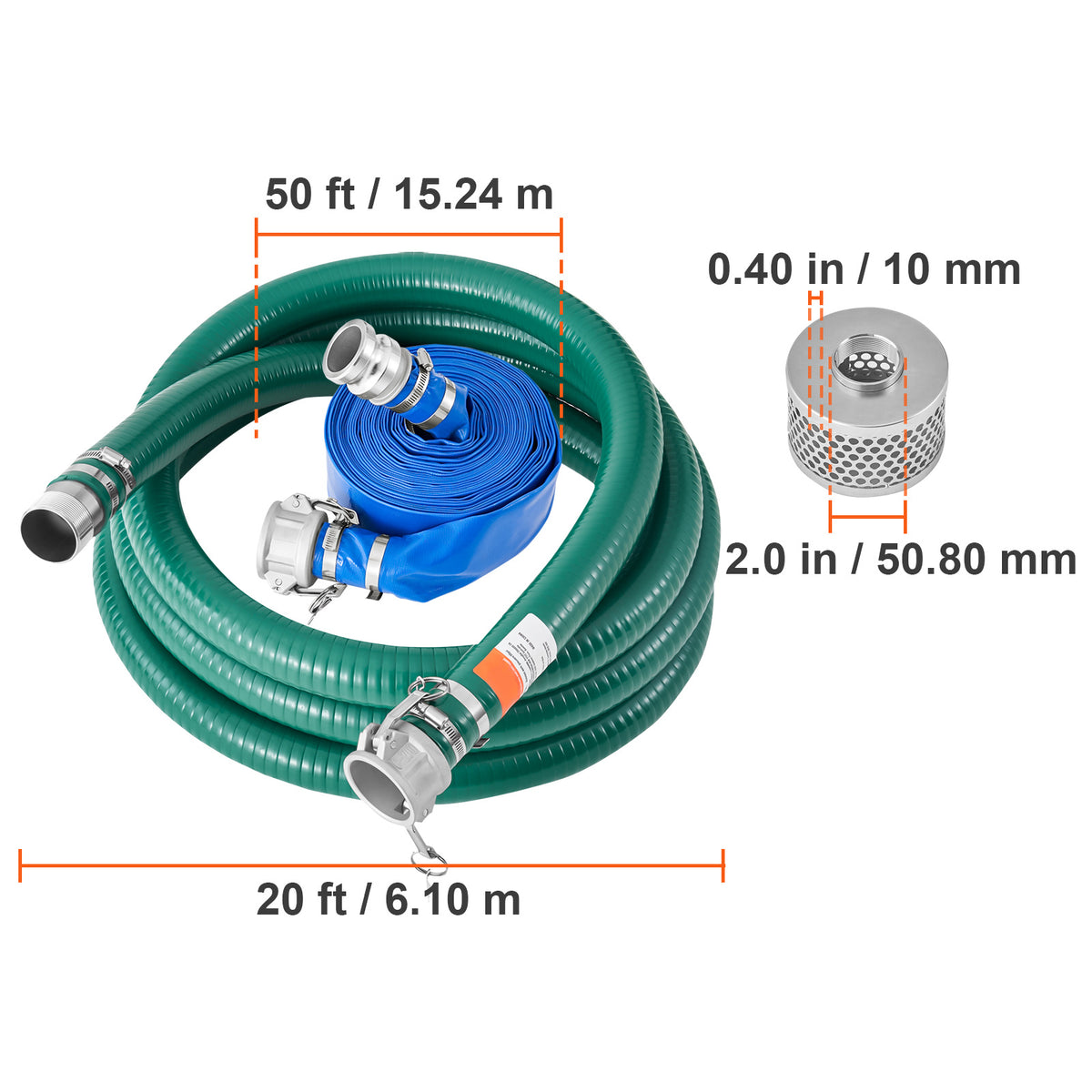 VEVOR Suction Hose Kit for Water Pump 2 in x 20 ft Green/ 50/65 ft Blue Hoses