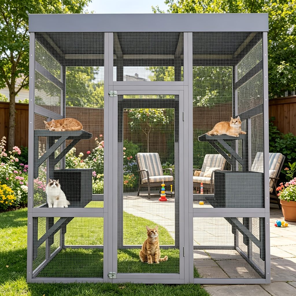 [Outdoor Catio Enclosure] 62.6 Inch Large Wooden Outdoor Catio Enclosure for Cats | Secure Pet Cage with Roof & Rust-Proof Wire Mesh | Includes 2 Napping Houses & Multi-Level Platforms for Backyard & Patio