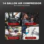14 Gallon Ultra Quiet Air Compressor with 2 Quick Couplers 2HP 8.75 CFM, Max 115 PSI Pressure Oil-Free Tank, 70dB for Auto Repair, Tire Inflation 110V/60Hz