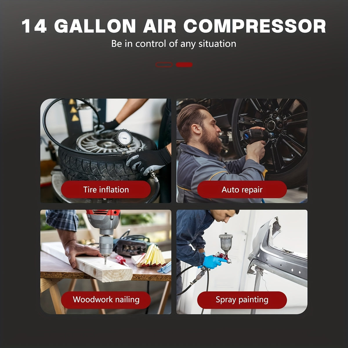 14 Gallon Ultra Quiet Air Compressor with 2 Quick Couplers 2HP 8.75 CFM, Max 115 PSI Pressure Oil-Free Tank, 70dB for Auto Repair, Tire Inflation 110V/60Hz