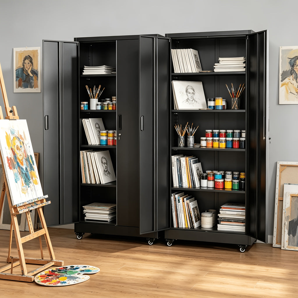 75''/72''*32''*16" Metal Pulley Office Storage Cabinet, Rollable Metal Cabinet, with Wheels, Locking Door And Adjustable Shelves, Suitable for Steel Tool Cabinets In Home Offices, Garages, And Warehouses, Black/White