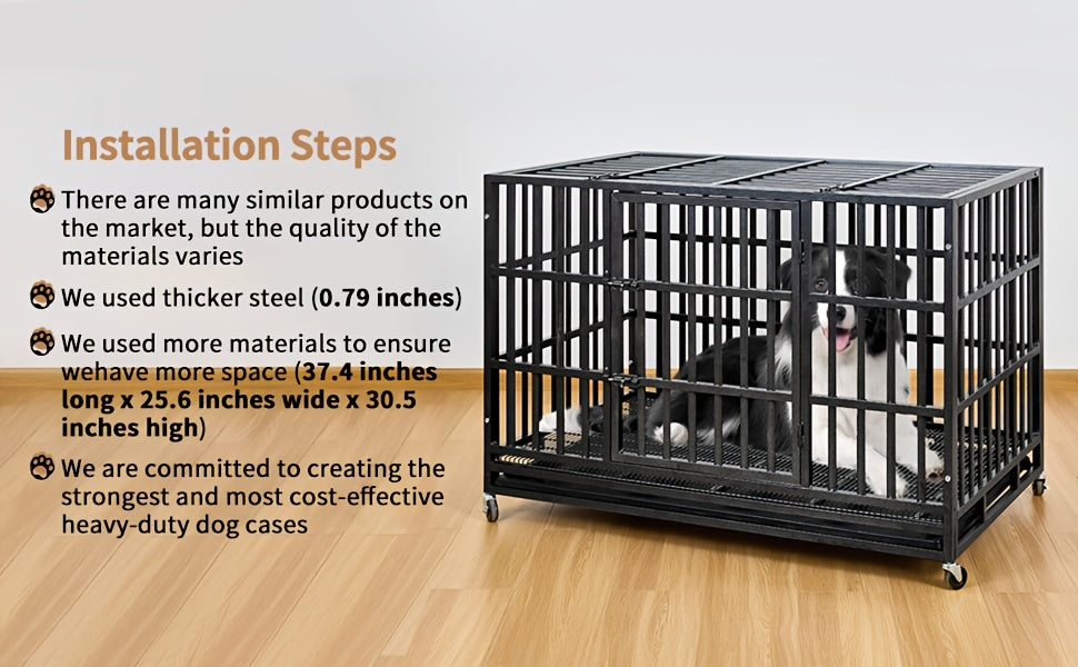 48inch Extra Large XXL Heavy-Duty Dog Crate - Double Door, Escape-Proof, Wheels, Removable Tray - Easy Cleaning Design For Large Breeds