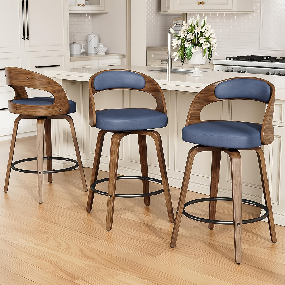 3/4pcs Modern Upholstered Bar Chair Set, 26" Counter-Height Stools With Thick Soft Cushion, Ergonomic Back Support, Solid Wood Legs & Footrest For Kitchen Island