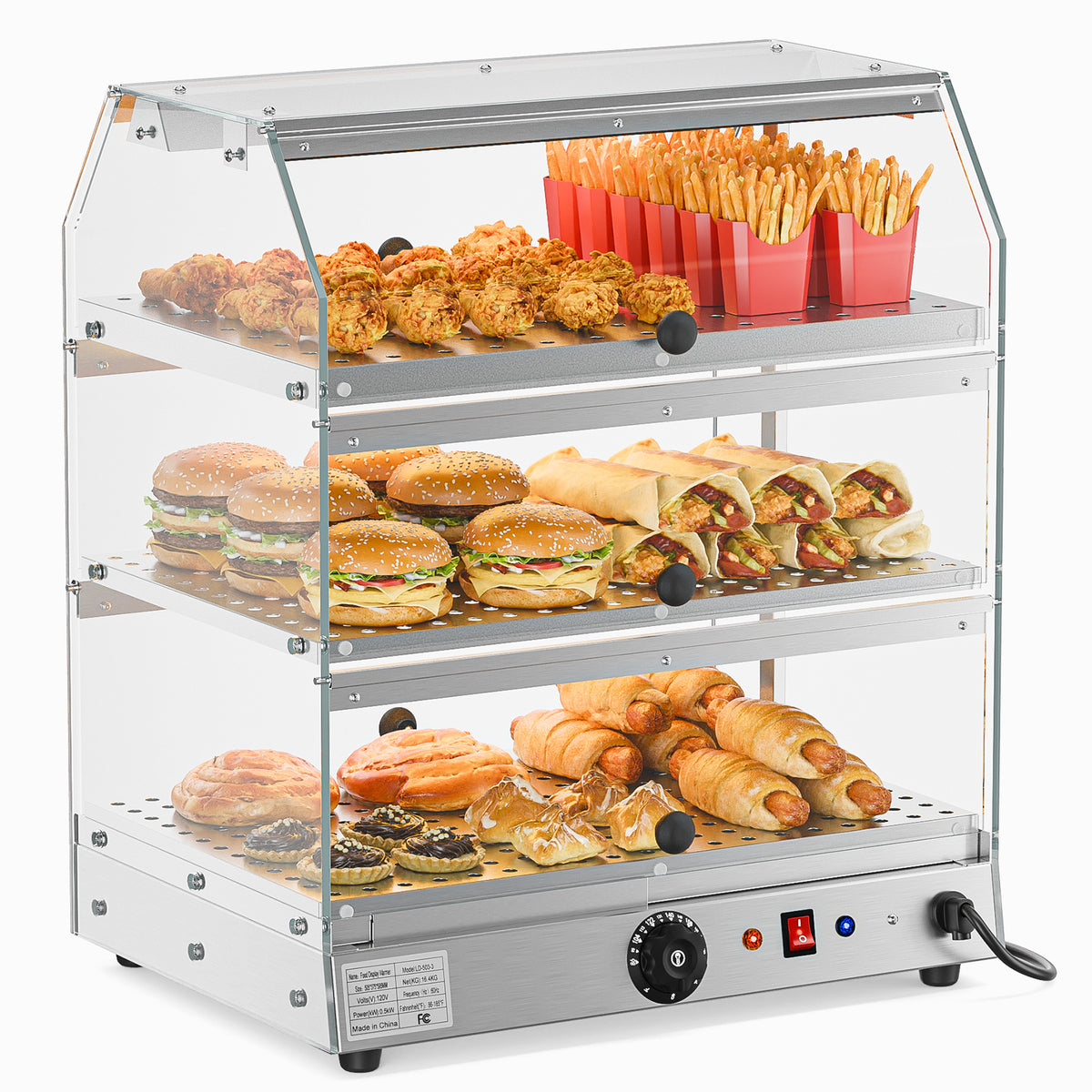 2-Tier Food Warmer Pizza Warmer Countertop, Food Warmer Display Pretzel Warmer with LED Lighting Front and Rear Doors, Electric Catering Hot Box Acrylic for Buffet Restaurant Cafe