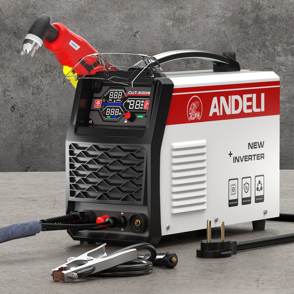 Plasma Cutting Machine 50APM Unguided Arc Plasma Cutting Machine Air Cutting Machine 110/220V Dual Voltage with DC Inverter IGBT, 1/2 Inch Clean Cutting, 3/4 Inch Extreme Cutting, Clearer LCD Display, High-Frequency Non-Contact Metal Cutting Machine