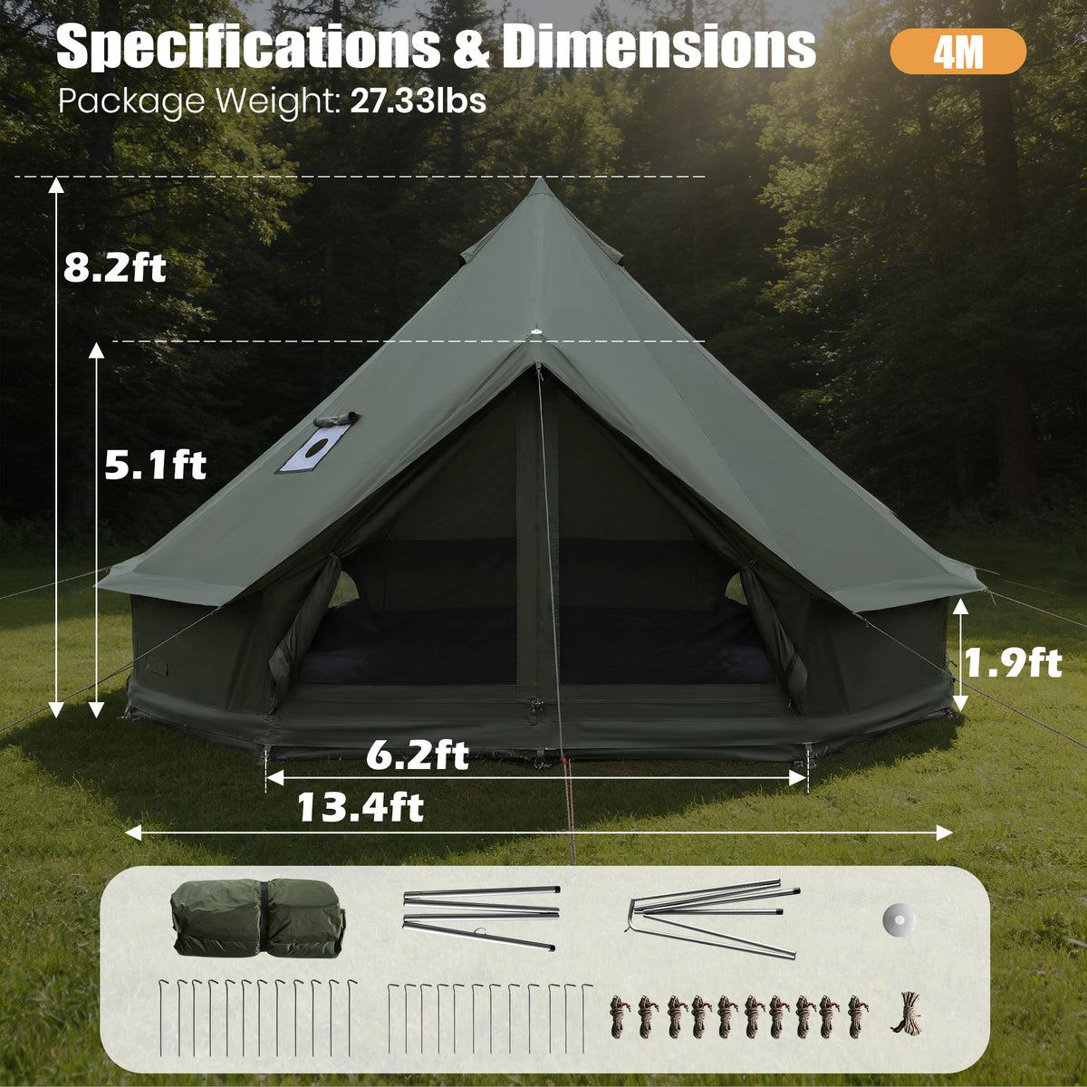 Luxury Oxford Fabric Bell Tent, Yurt Canvas Tent with Stove Jack, 4/6/8 Person Family 4 Season Camping (Green)