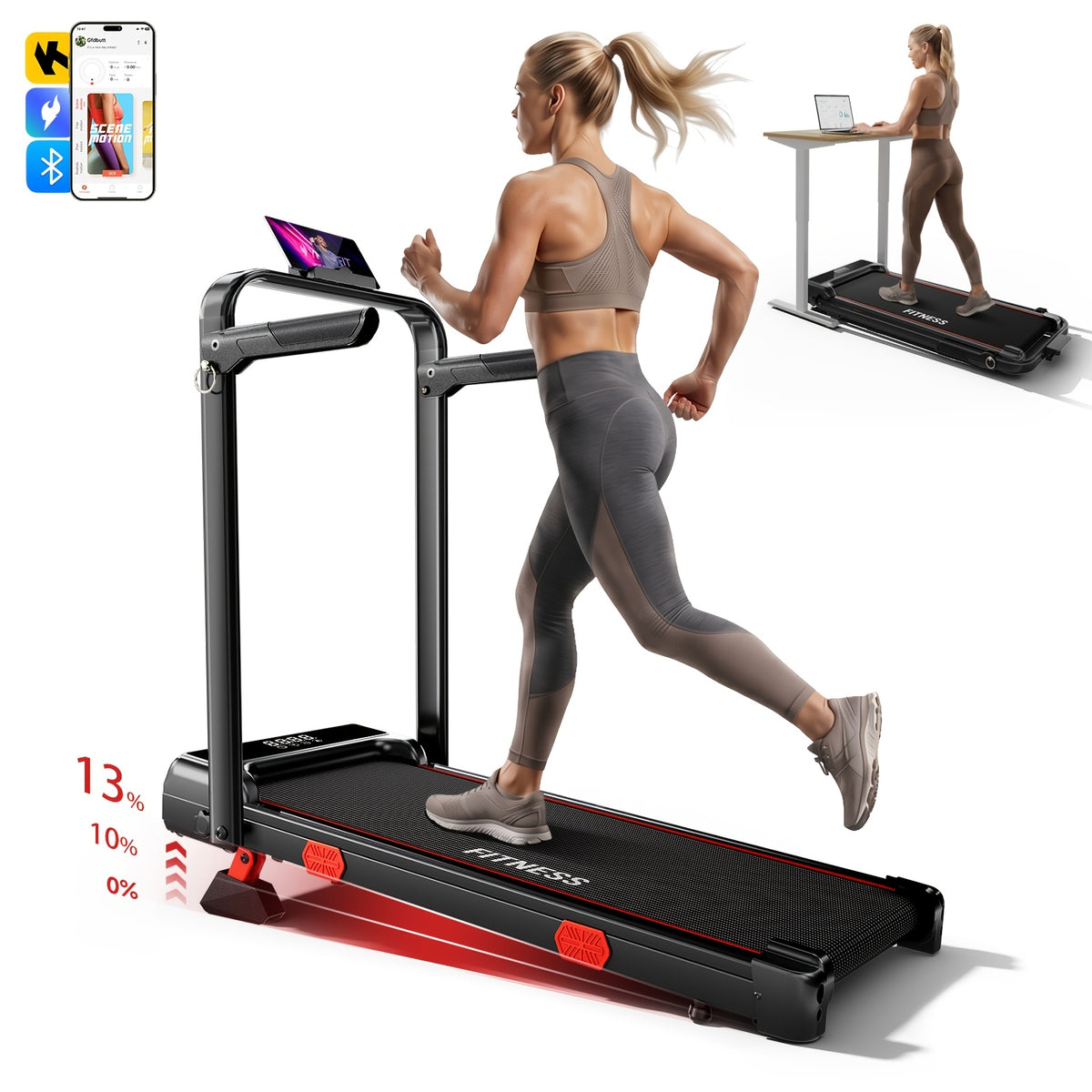 Walking Pad with Treadmill 13% Incline, 6.3MPH Treadmill for Home Use with Incline, LED Display & APP, 2.5 HP Quiet Small Walking Pad for Home And Office, Maximum User Weight 300Lbs, Without Battery