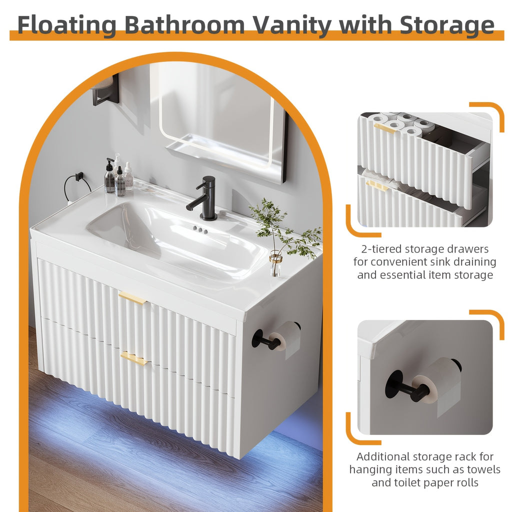 24" Wall Mount Floating Bathroom Vanity with LED Lighting, 3-Hole Ceramic Sink Included, Wave Fluted Textured Cabinet Door, 2 Soft Close Drawers, Modern Suspended Bathroom Vanity Cabinet for Small Bathrooms, Black & White Optional