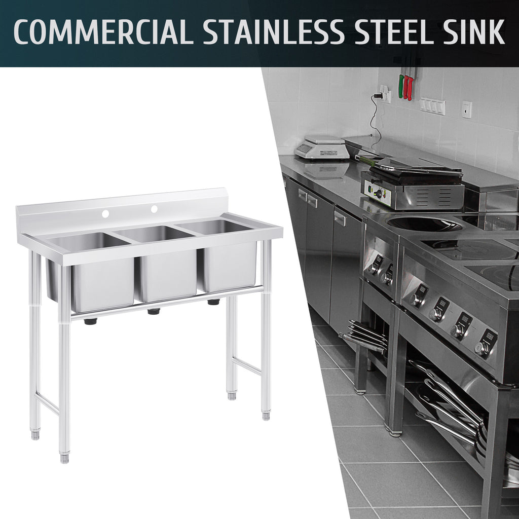 Commercial Stainless Steel Sink with Strainer 39" W × 17.7" D × 37.4" H, Kitchen Sink Station Utility Sink for Home Laundry Room Garage, 3 Compartment Sink for Bar Restaurant