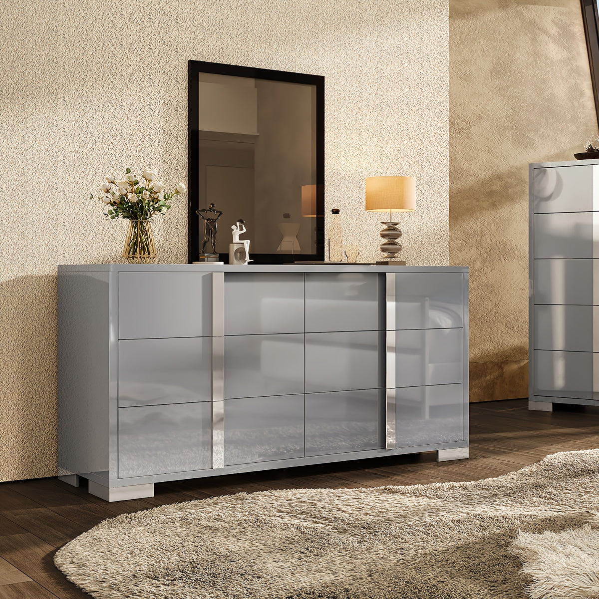 Modern 54" W High Gloss 6-Drawer Dresser with Silvery Handles, Spacious Storage Chest with Wide Top for Bedroom, Closet, Or Living Space