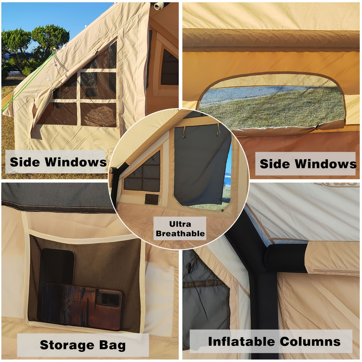AISUNSS Inflatable Camping Tent for 4-6 Person, Easy Setup High Quality Outdoor Oxford Tents with Pump, Self-Supporting Structure Inflatable House Tent, Cabin Tent with Mesh Windows & Doors