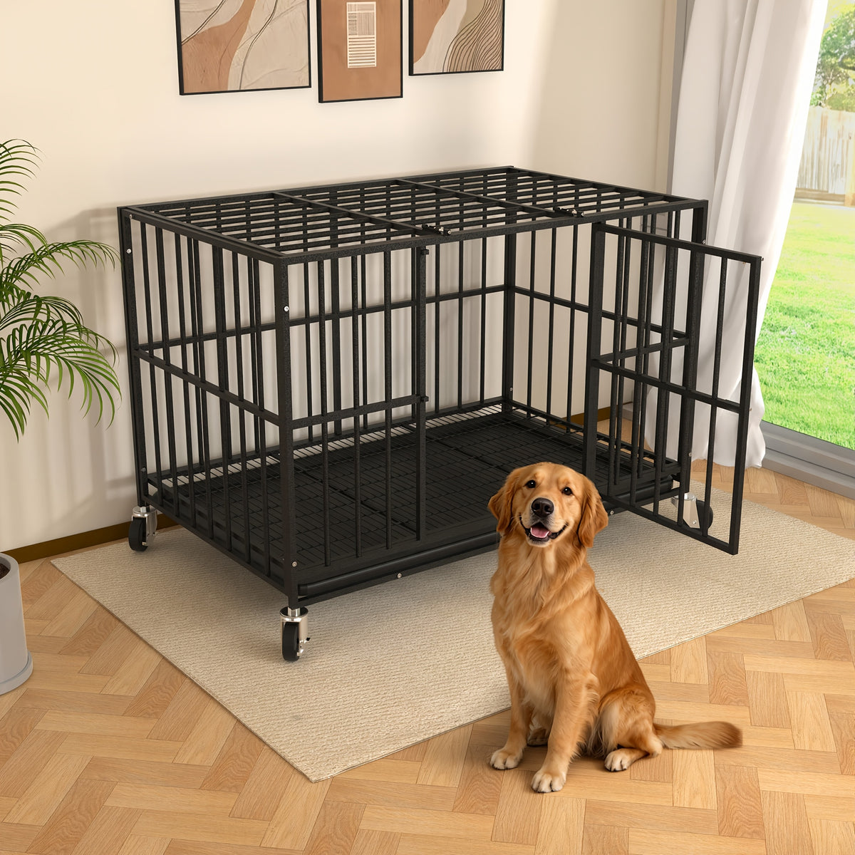 Large Indoor Dog Crate with Wheels, Removable Door Panel, Indoor Kennel, Easy to Clean, Removable Tray, Extra-large Dog Crate Suitable for Large And Medium-sized Dogs