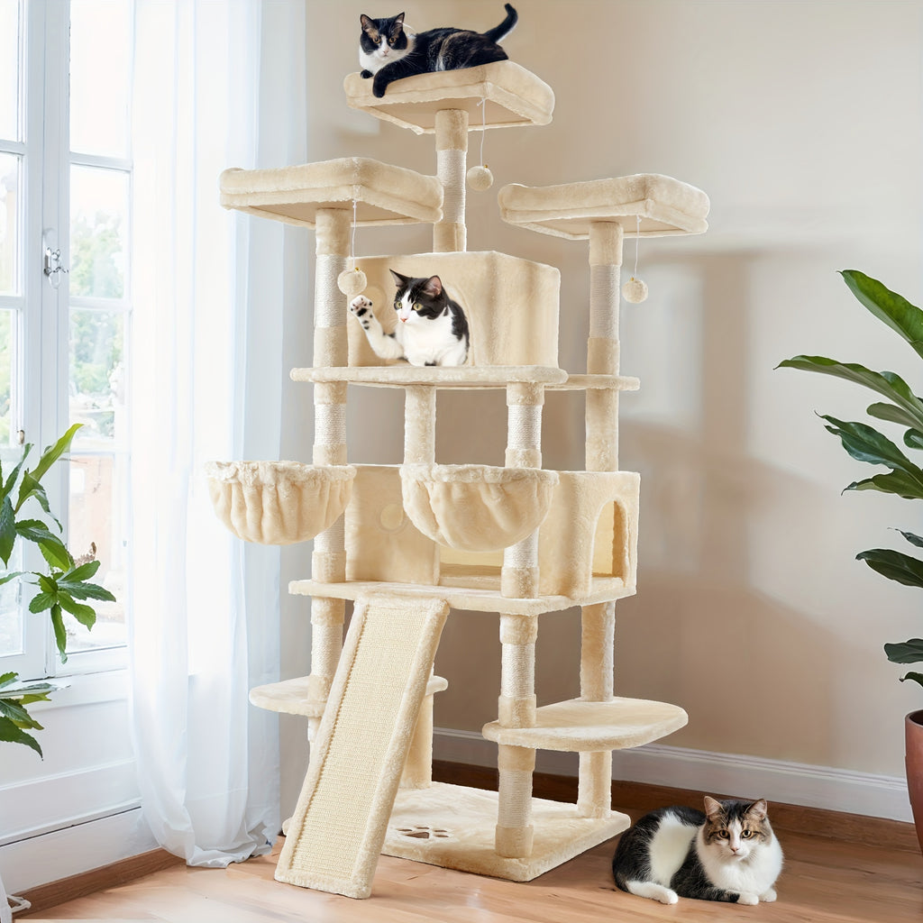 HOOMIC 68-Inch Multi-Level Cat Tree Tower for Large Cats/Cat Condo/Cozy Plush Cat Perches/Sisal Scratching Posts/Baskets/Wide Base Board/Cat Activity Center/Dark Grey/Grey/Beige/Pink/Leopard Print