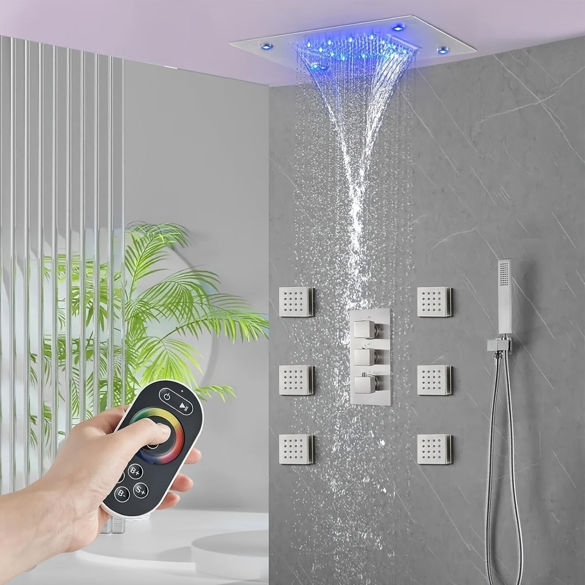 Thermostatic Shower System Set, Featuring a 14X20 Inch LED High-Pressure Rainfall Shower Head, a Luxurious Bathroom Combo with a Handheld Sprayer And Six Massage Body Jets, Including Rough-In Valve Body And Trim, Bathroom Additions in Matte Black