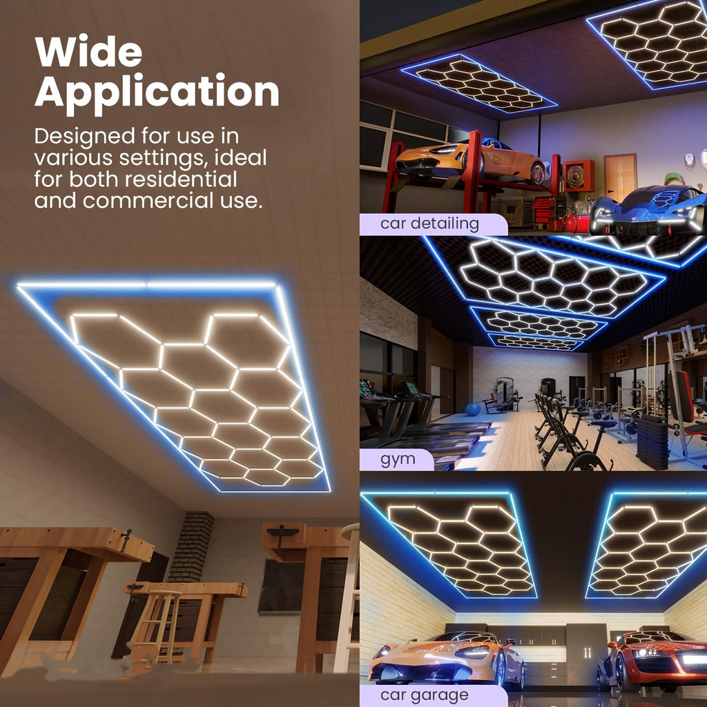 High-brightness LED Garage Light. Hexagonal Honeycomb Garage Light, Barber Shop Ceiling Light, Modern Design, Single Tube 850 Lumens, Framed LED Light Total 58650 Lumens