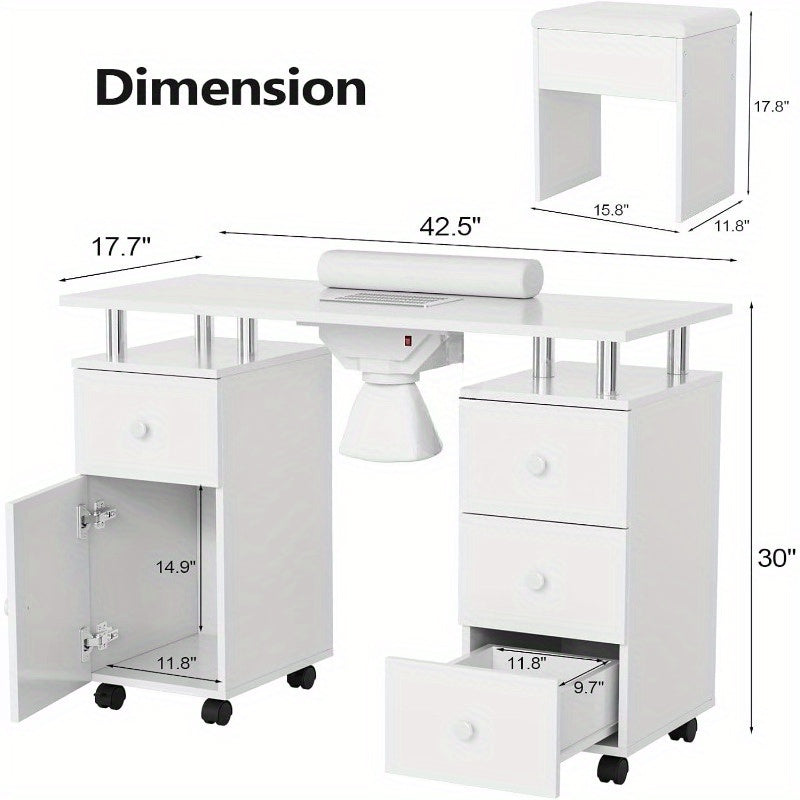 Professional Nail Desk and Chair Set with Stool - Heavy-Duty Mobile Manicure Station w/Dust Collector, Acetone-Resistant Desktop, 4-Wheel Rolling Cart & Storage Drawers - Heavy-Duty Nail Tech Table for Salon, Home, or Spa - (White/Black/Lavender/Mint Gree