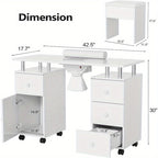 Professional Nail Desk and Chair Set with Stool - Heavy-Duty Mobile Manicure Station w/Dust Collector, Acetone-Resistant Desktop, 4-Wheel Rolling Cart & Storage Drawers - Heavy-Duty Nail Tech Table for Salon, Home, or Spa - (White/Black/Lavender/Mint Gree
