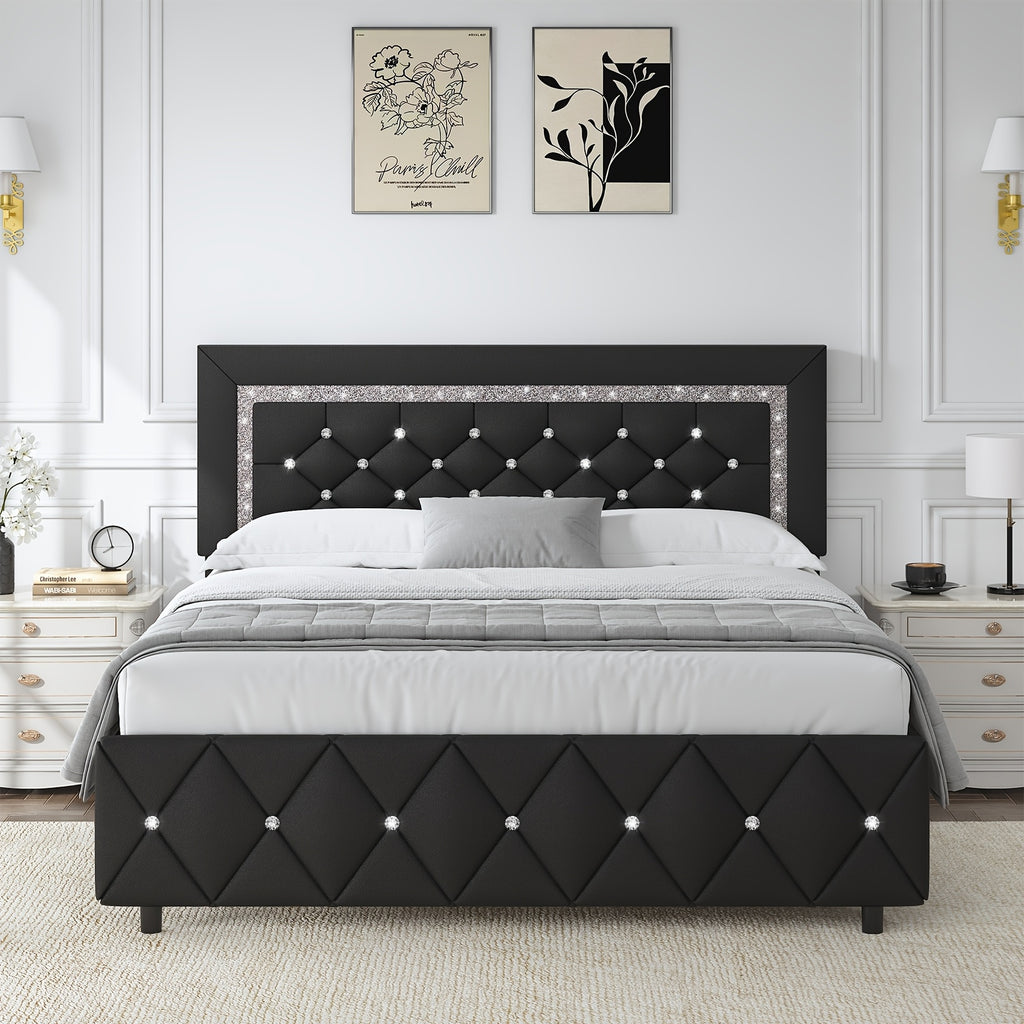 Halloween Twin Full Queen King Upholstered Bed Frame, Diamond Tufted Headboard, Faux Leather Bed Frame With Headboard & Footboard, Wooden Slats Support, No Box Spring Needed, Easy Assembly, Black/White/Pink/Green Christmas