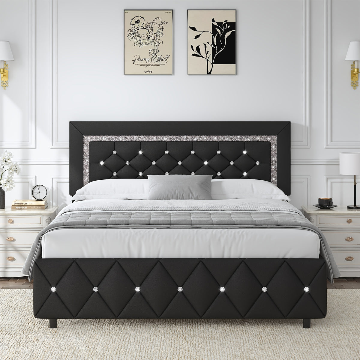 Halloween Twin Full Queen King Upholstered Bed Frame, Diamond Tufted Headboard, Faux Leather Bed Frame With Headboard & Footboard, Wooden Slats Support, No Box Spring Needed, Easy Assembly, Black/White/Pink/Green Christmas