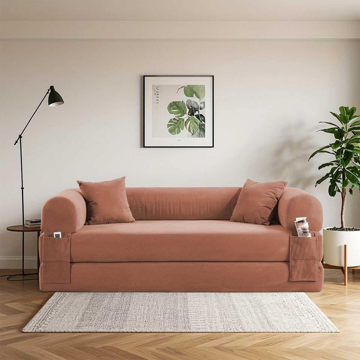 80" Convertible Sofa Bed, 3-in-1 Corduroy Folding Pull Out Couch with Pillows, No Assembly Modern Boneless Couch Compression Sofa In Box, Floor Sofa with Side Storage Pocket for Living Room