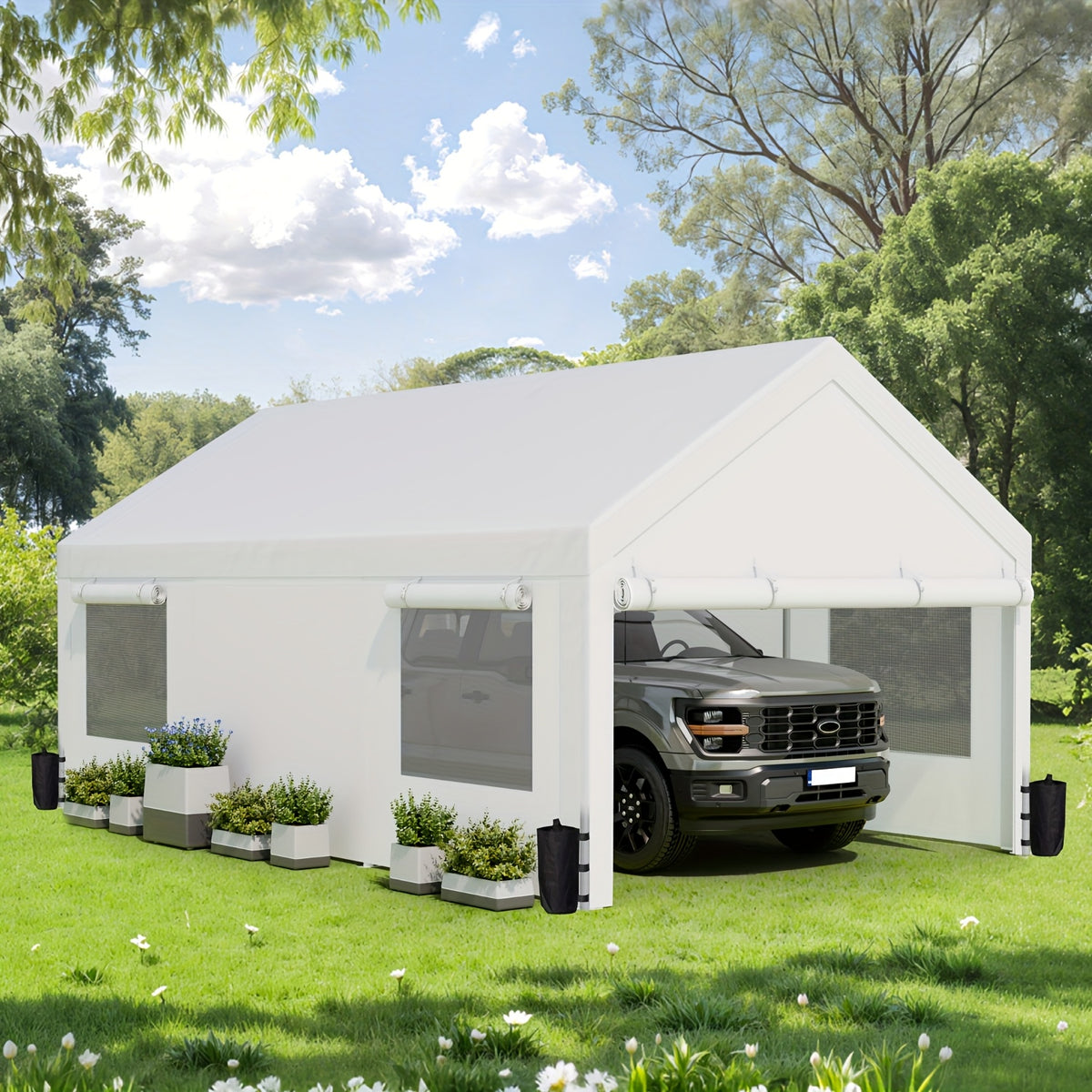 JAMFLY Sturdy Carport Featuring Roll-Up Ventilated Windows, Outdoor Canopy, Portable Garage Gazebo Equipped with Detachable Sidewalls & Doors for Vehicles, Truck, Boat, All-Season Tarp Car Canopy