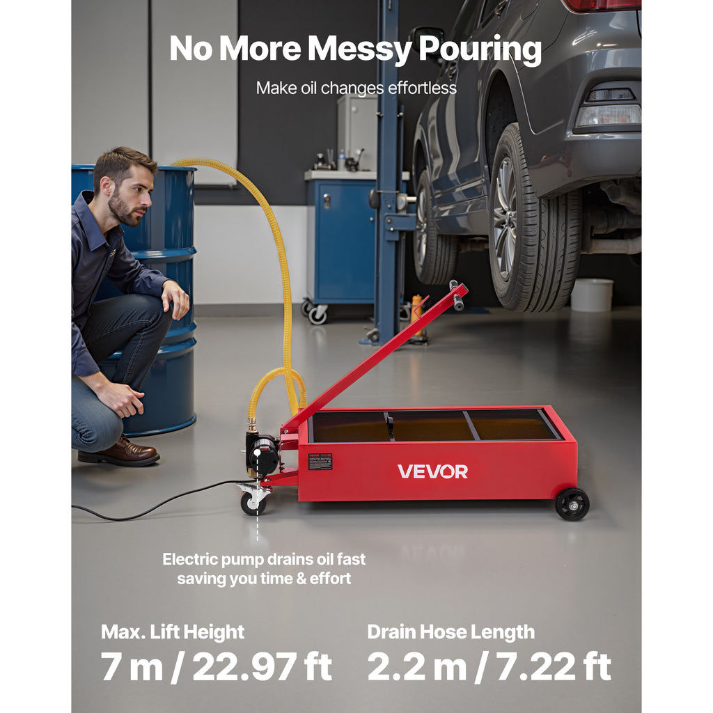 VEVOR Low Profile Oil Drain Pan, 17 Gallon / 20 Gallon Capacity, Rolling Oil Drain Pan with Electric Pump, 7.2 ft Hose & T Folding Handle, Leak-proof & Corrosion-resistant, Fit for Cars, SUVs, Trucks, ATVs, White