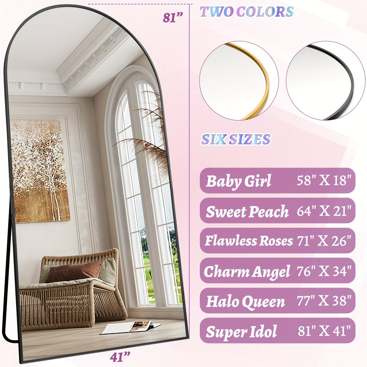 Full Length Mirror, 41"x81" Arched Floor Mirror Freestanding, Oversized Floor Standing Mirror Full Body Mirror with Stand for Bedroom, Hanging Mounted Mirror for Living Room Cloakroom