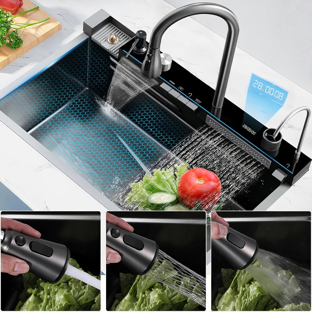 1pc Glam Style Stainless Steel Kitchen Sink with Waterfall Faucet, Self-Rimmed Rectangle Single Bowl, Varnished Finish, Undercounter Mounting, Right Drain, Hydraulic Powered, 22 Inch, No Battery Required, Fruit Washing Station | Sleek Rectangular Sink | S