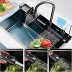 1pc Glam Style Stainless Steel Kitchen Sink with Waterfall Faucet, Self-Rimmed Rectangle Single Bowl, Varnished Finish, Undercounter Mounting, Right Drain, Hydraulic Powered, 22 Inch, No Battery Required, Fruit Washing Station | Sleek Rectangular Sink | S