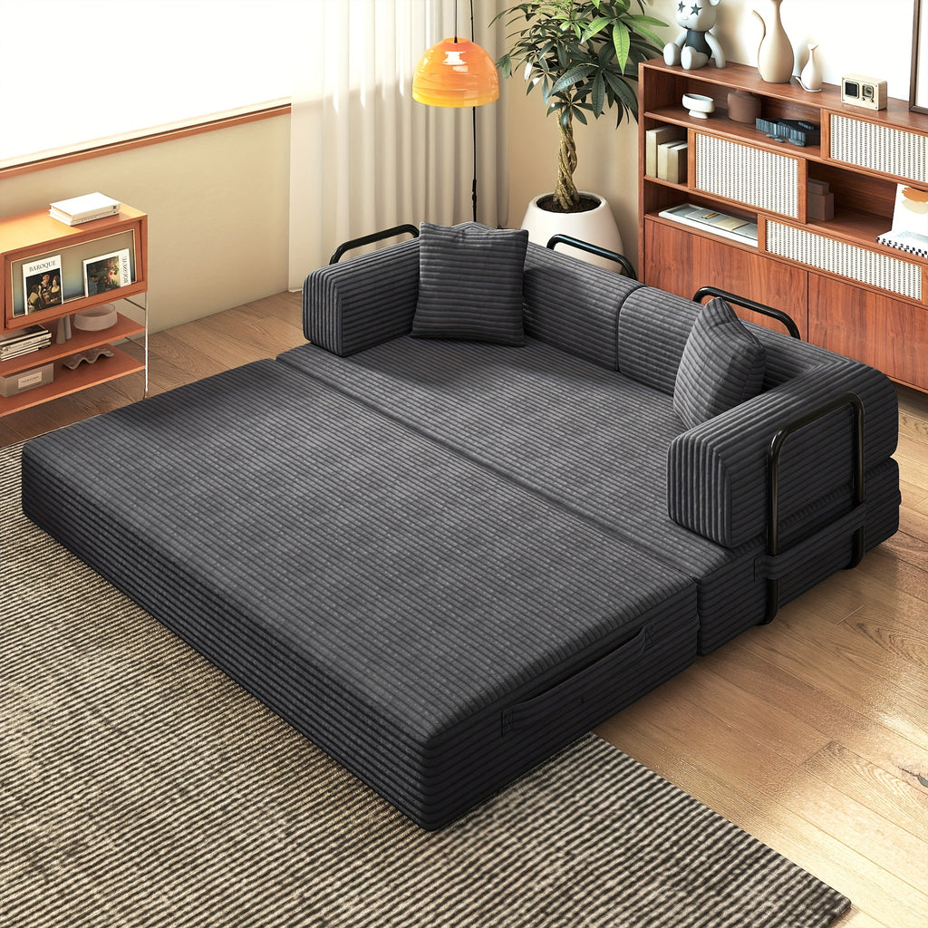81"Convertible Floor Sleeper Sofa Bed - 3-Person Space-Saving Love Seat with Pull-Out Bed, Corduroy Boneless Compression Memory Foam, Comfy Lounge Couch for Living Room, Bedroom, Apartment, Office, No Assembly Required